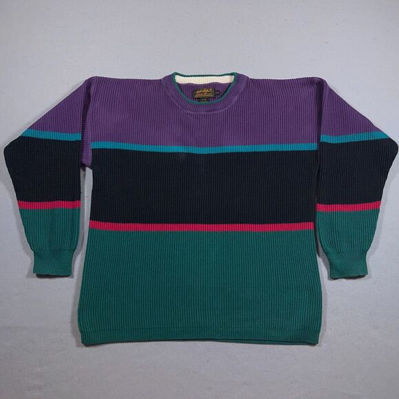 Vintage Eddie Bauer Sweater Men Large ColorBlock Crewneck Purple 80s Heavyweight - Picture 1 of 9